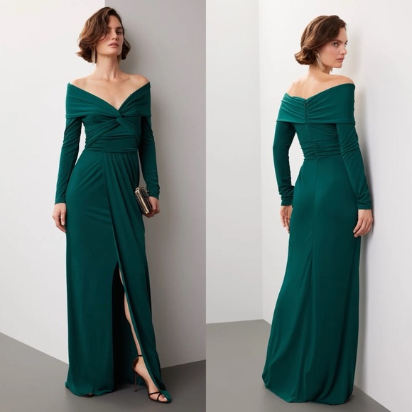 ZAC POSEN FOREST GREEN LONG SLEEVE JERSEY WRAPPED AROUND GOWN DRESS - Picture 1 of 15